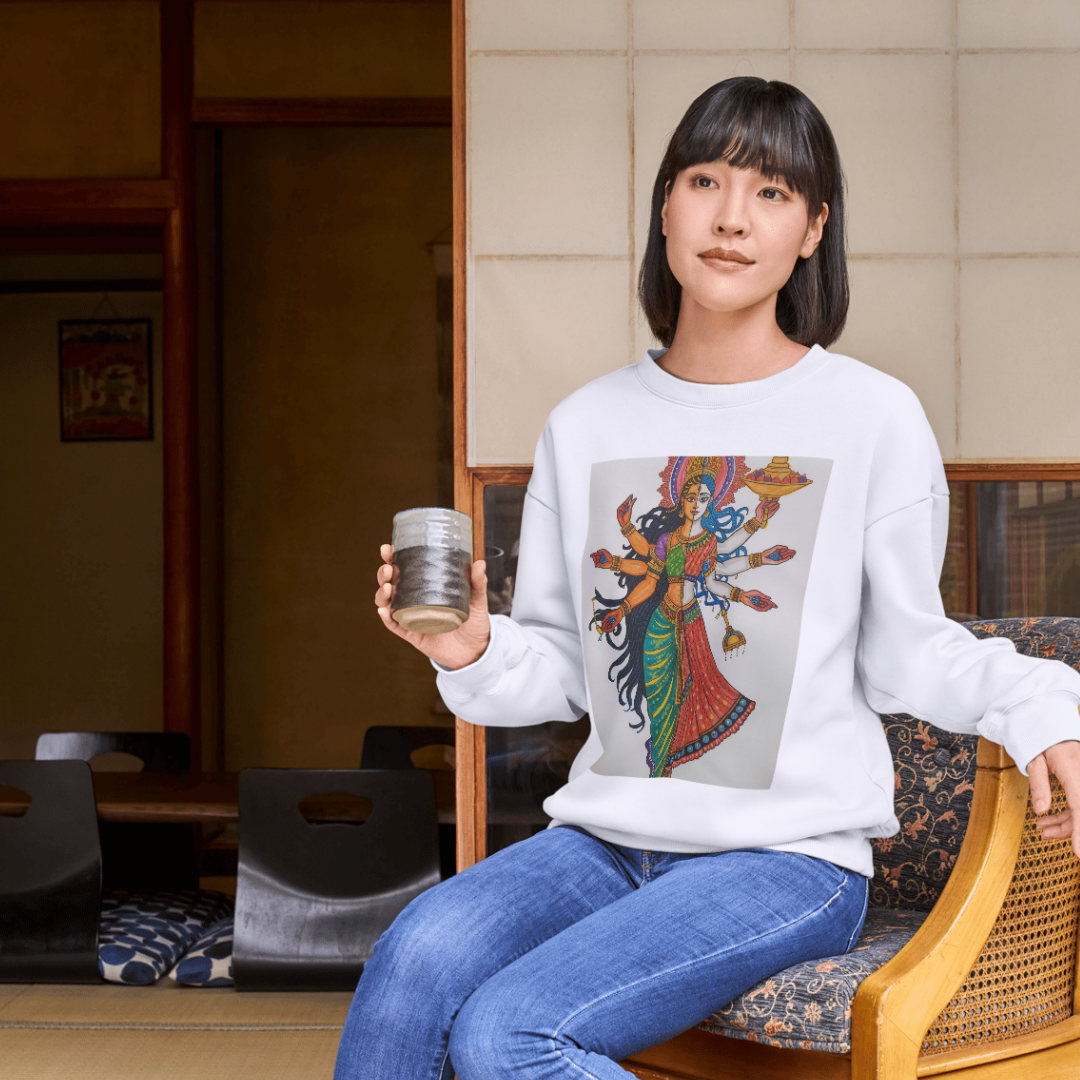 A woman wearing tishirt from Aham Kali collection in Mandala magic